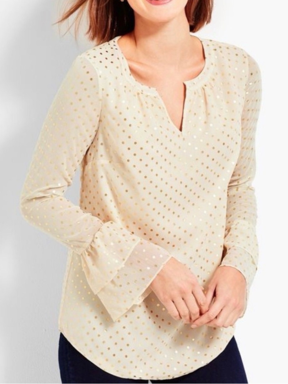 Talbots Cream Blouse with Gold Polka Dot Print, XL Petite